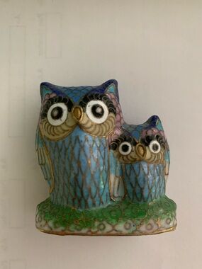 Vintage Cloisonné Owl Pair Enamel Chinoiserie Figurine Brass Owl Chinese
